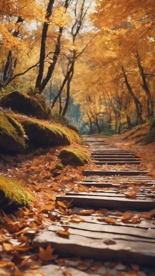 Un sentier de randonnée pittoresque en automne, les feuilles tombées sur le sentier formant une citation d&#39;anime.