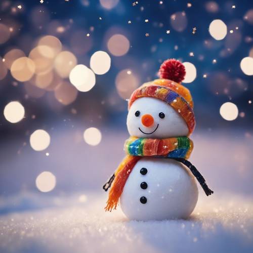 An adorable miniature kawaii snowman embellished with a colorful scarf and a carrot-like nose, under clear starry skies.