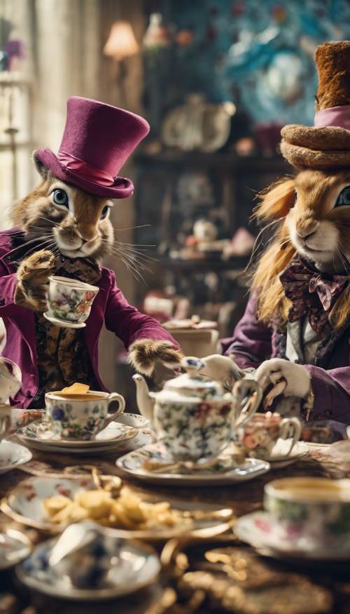 Alice in Wonderland: A tea party in full swing with the Mad Hatter, March Hare, and Alice.