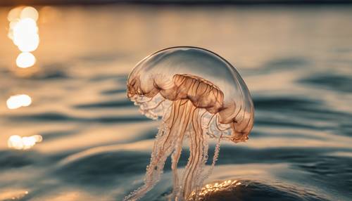 Una delicata medusa traslucida in acque cristalline, sotto la luce dorata del sole al tramonto.