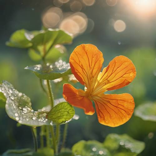 A dew-kissed nasturtium flower in the early morning light.