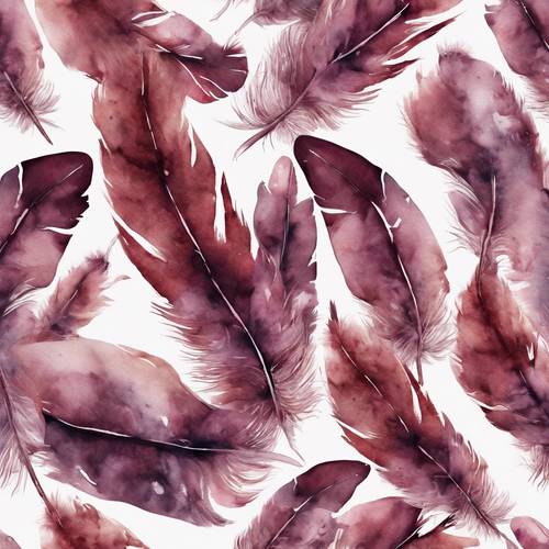 Continuous pattern of burgundy watercolor feathers in boho style