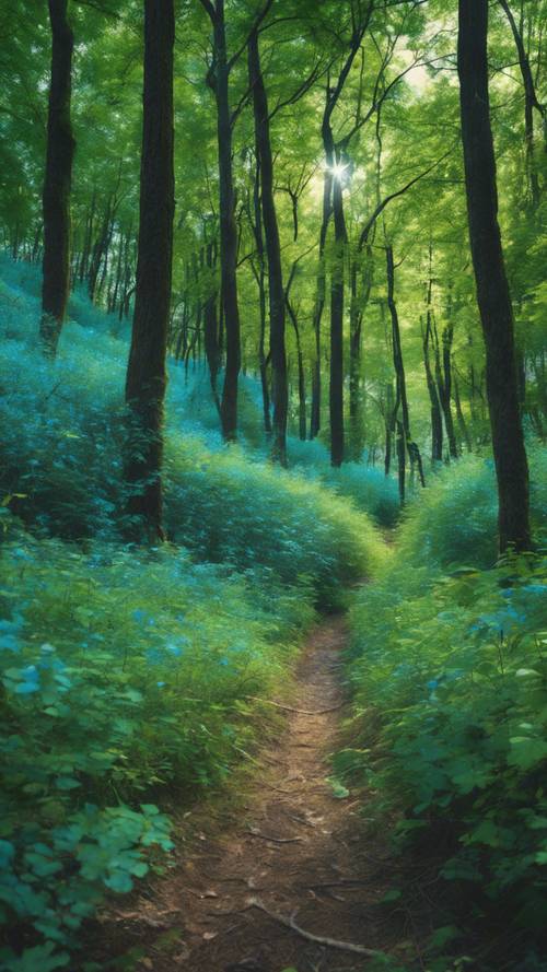 غابة كثيفة خلال فصل الصيف تظهر ظلالًا نابضة بالحياة من اللونين الأزرق والأخضر.