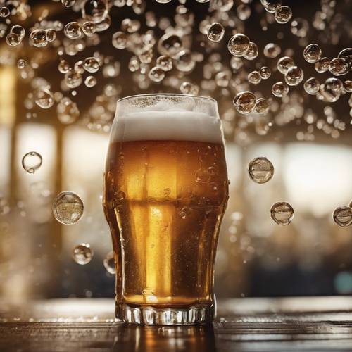 Taze dökülmüş bir bira bardağındaki bira kabarcıklarının makro görüntüsü.