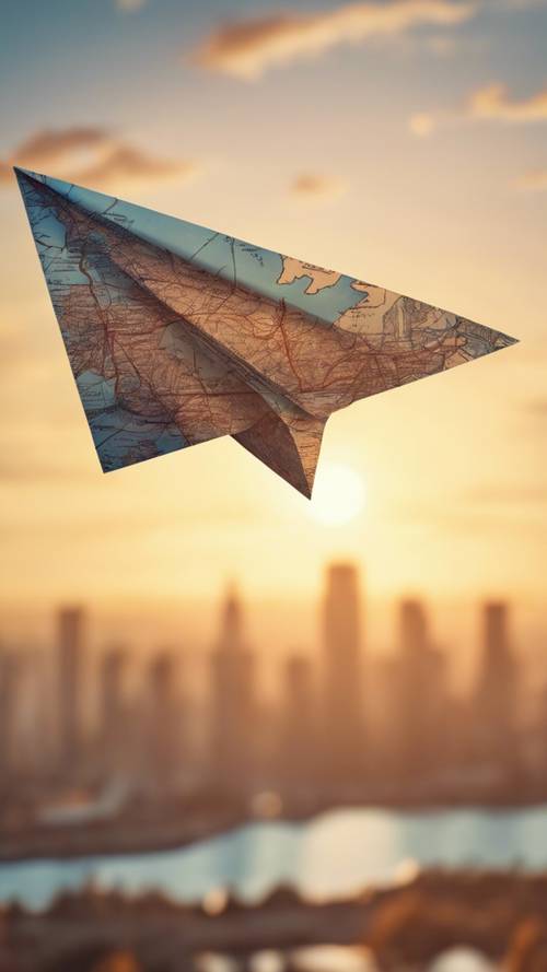 A paper airplane made out of a map, soaring towards a sunset.