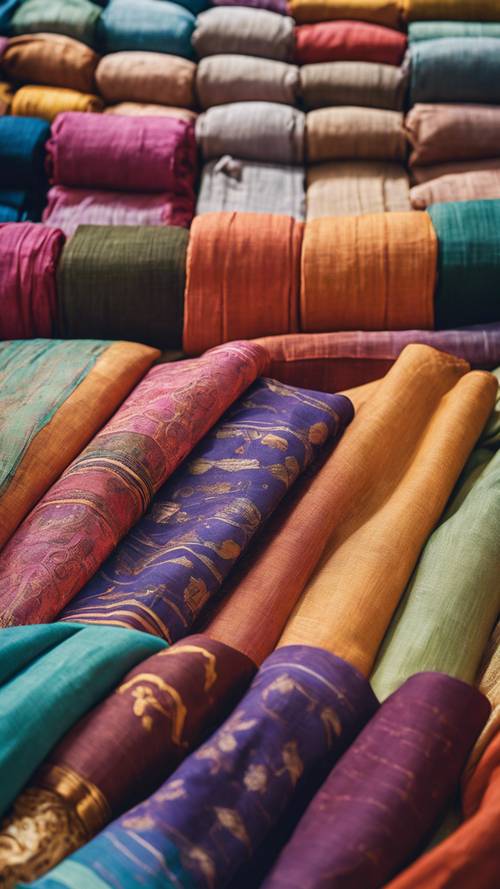 Bold colored linen fabrics flapping playfully in the bustling markets of India.