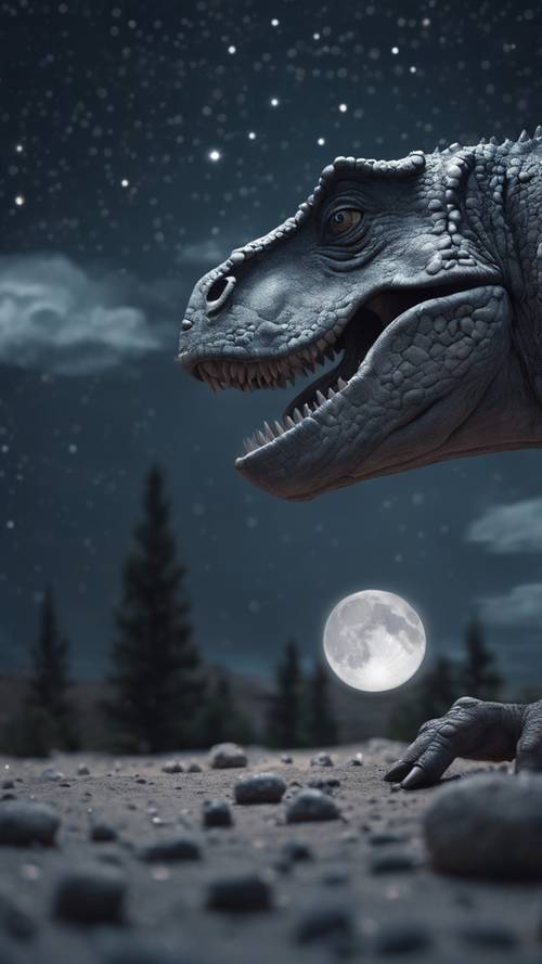 A full moon night with a peaceful gray dinosaur sleeping under the stars.