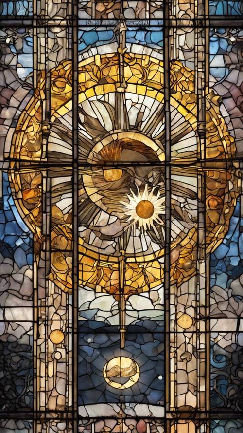 Bellissima e dettagliata vetrata vittoriana raffigurante il sole e la luna nel cielo.