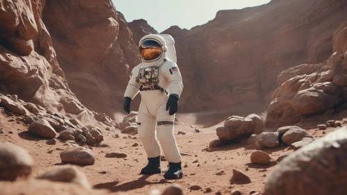 Um astronauta aventureiro explorando as paisagens acidentadas de um planeta alienígena