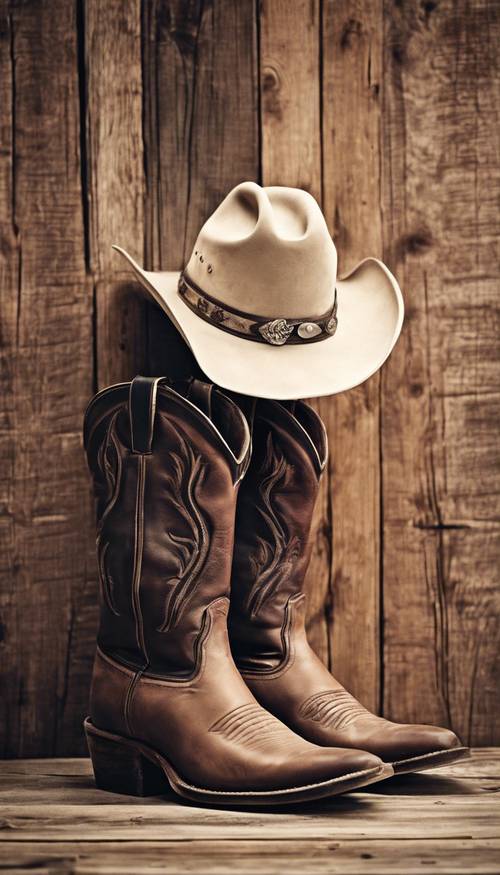 Vintage cowboy boots and a stetson hanging on a wooden wall