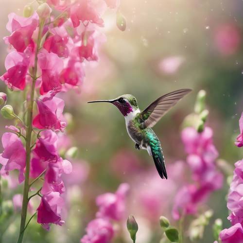 Koliber unoszący się nad kępą kwitnących kwiatów groszku cukrowego, popijający nektar.