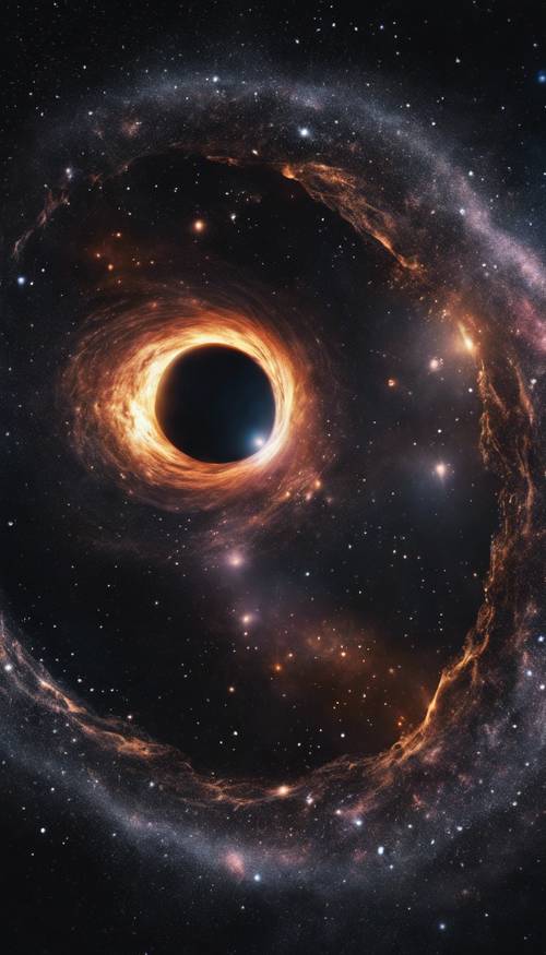 מבט מקרוב של חור שחור בחלל, עם אבק וגז בין כוכבים שמתערבלים סביבו.