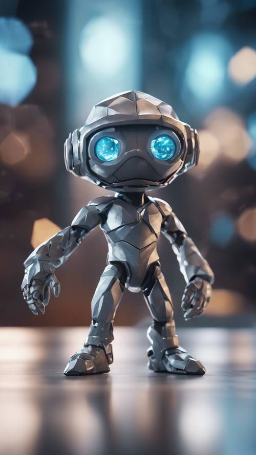 An animated gray diamond character in a futuristic game environment.