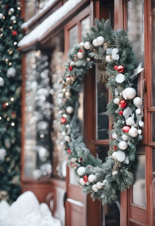 Festive Christmas wreaths hanging on the doors of a charming snow-covered Victorian style street.