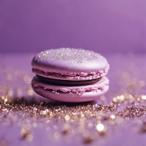 Close up of a lilac macaron with glitter sugar atop.