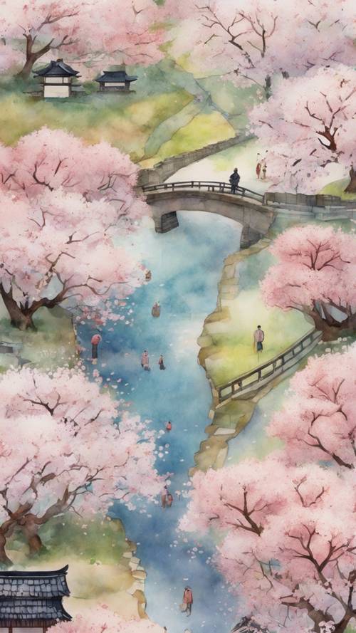 Um sereno mapa em aquarela do interior do Japão durante a temporada de flores de cerejeira.