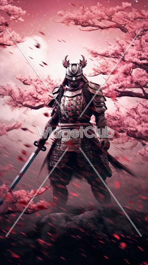 Samurajski wojownik pod kwiatami wiśni