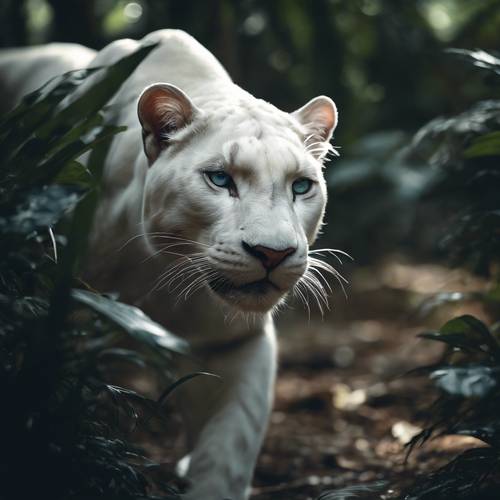 A rare white panther prowling gracefully through a moonlit jungle, its eyes glowing ominously in the dark.