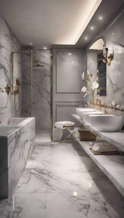 Un bagno di lusso ornato con piastrelle di marmo grigio e bianco.