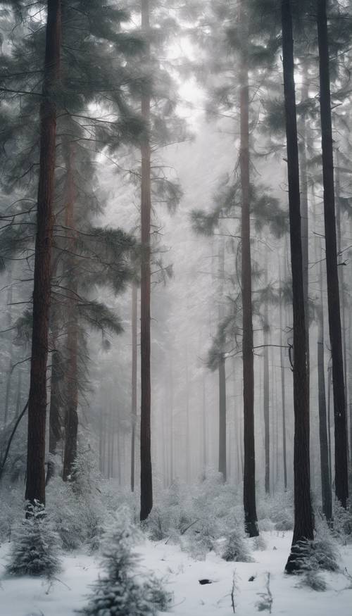 Foresta bianca nebbiosa con alti pini