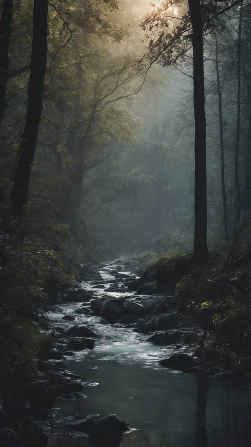 A dense forest with fog rising from a bubbling creek, illuminated softly by moonlight.