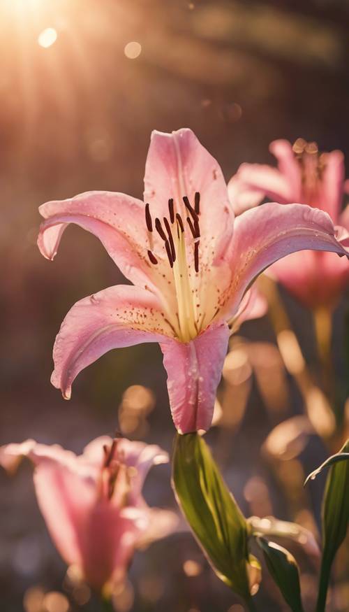 Un espléndido lirio rosa que florece bajo la dorada luz del sol.