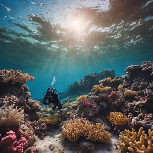 Ein Taucher erkundet ein farbenfrohes Korallenriff in der Nähe des Sandstrandes einer tropischen Insel.