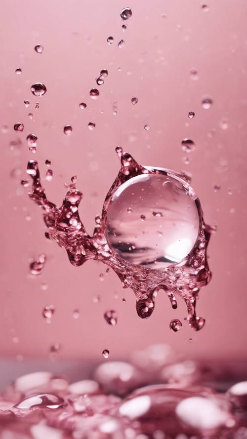 Krople wody na gładkim kawałku różowego marmuru.