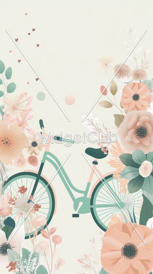 平和な部屋にぴったりな花のデザインの自転車壁紙