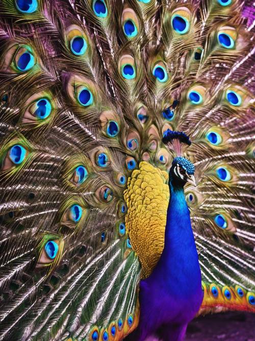 Um pavão roxo vibrante exibindo suas penas, com uma citação perspicaz sobre beleza.