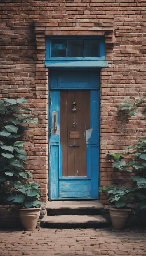 밝은 파란색 문과 빈티지 갈색 벽돌로 만든 집입니다.