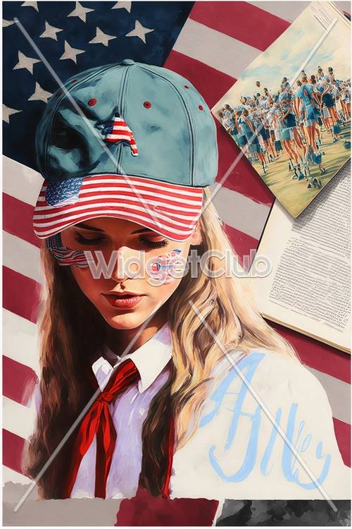 נושא פטריוטי ארה&quot;ב עם ילדה בכובע דגל וצעיף