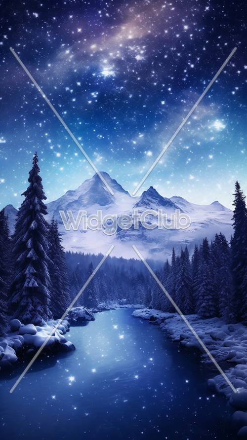 Starry Night over Snowy Mountains and River