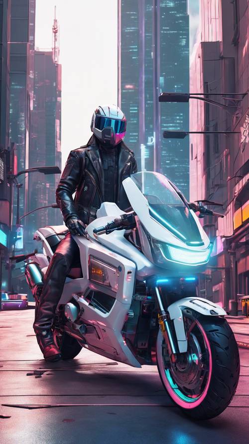 Una motocicleta ciberpunk blanca estacionada en una calle de alta tecnología, con brillantes rascacielos blancos al fondo