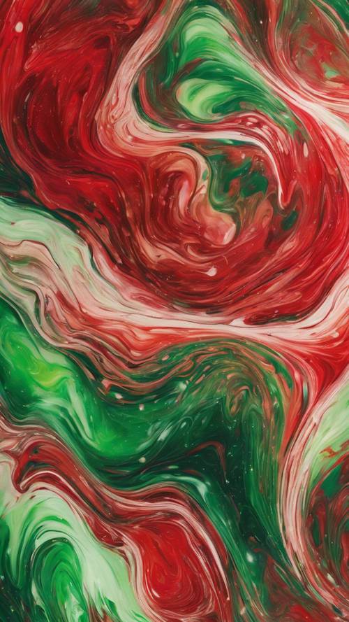 Яркая картина из кружащихся красных и зеленых абстрактных узоров.