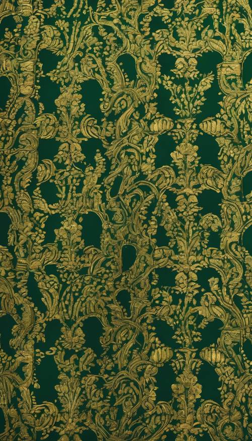 Tampilan dari dekat kain damask hijau dan emas yang kaya, menampilkan pola rumitnya.