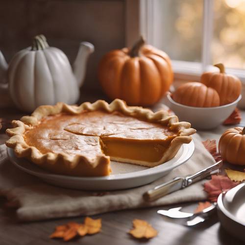 The cutest rendition of a kawaii thanksgiving pumpkin pie on a cozy kitchen Tapeta [e1dafca62e2f47908838]