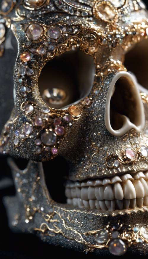 An intricately designed glittery skull with gemstone eyes on a black silk cloth.