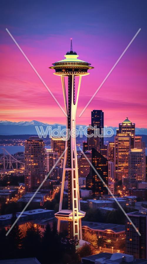 Skyline Seattle o zachodzie słońca z igłą kosmiczną