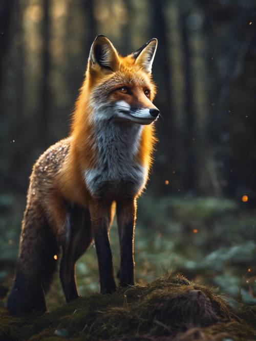 一隻眼睛發光的神祕狐狸站在黑暗、魔法森林的邊緣。