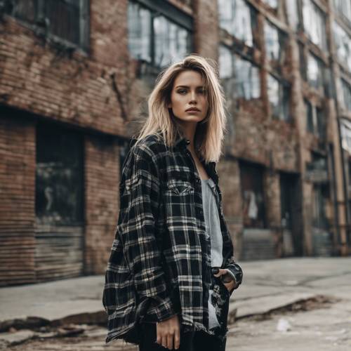 A grunge style fashion model wearing a ripped jeans and an oversized black plaid shirt, posing in an urban setting.