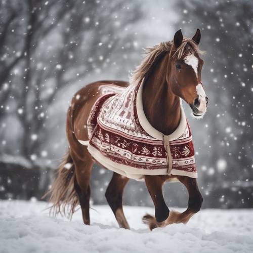 A brown horse prancing in the snow with a festive Christmas thermal blanket.