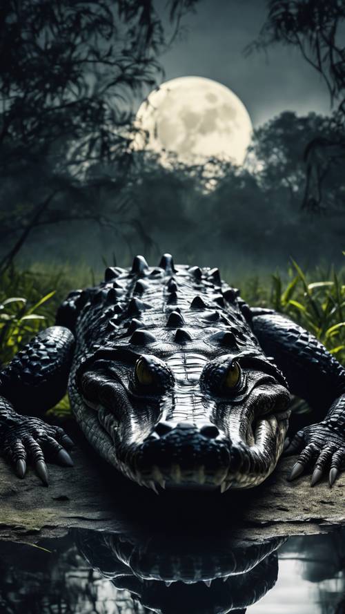 A jet black crocodile camouflaged in a moonlit swamp.