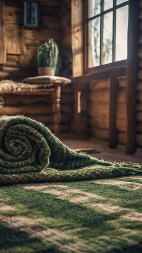 An old wooden log cabin with a green plaid rag rug in front.