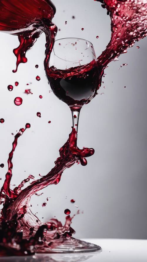 Conceptual image of a swirled splash of wine coming out from a knocked over glass of red wine against a stark white background.