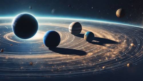 Solar system planets circling a dark blue sun in surreal space illustration