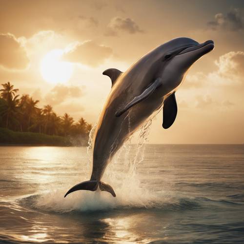 Seekor lumba-lumba raksasa melompat keluar dari air, dengan latar belakang pulau tropis dan matahari terbenam.