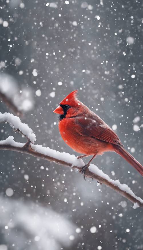 A red cardinal bird perched on a snowy branch with snowflakes falling gently around it.