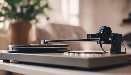 A retro-style vinyl player spinning a record in a bright modern Scandinavian interior.