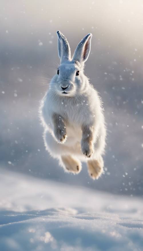 Polarhase springt energisch in seinem frostigen, schneebedeckten Lebensraum